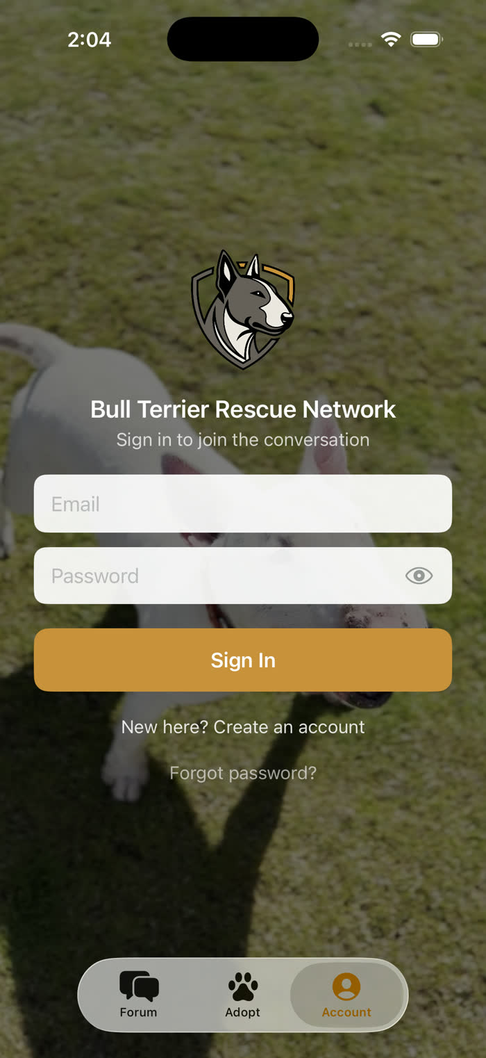 Bull Terrier Rescue Network iOS app sign in screen